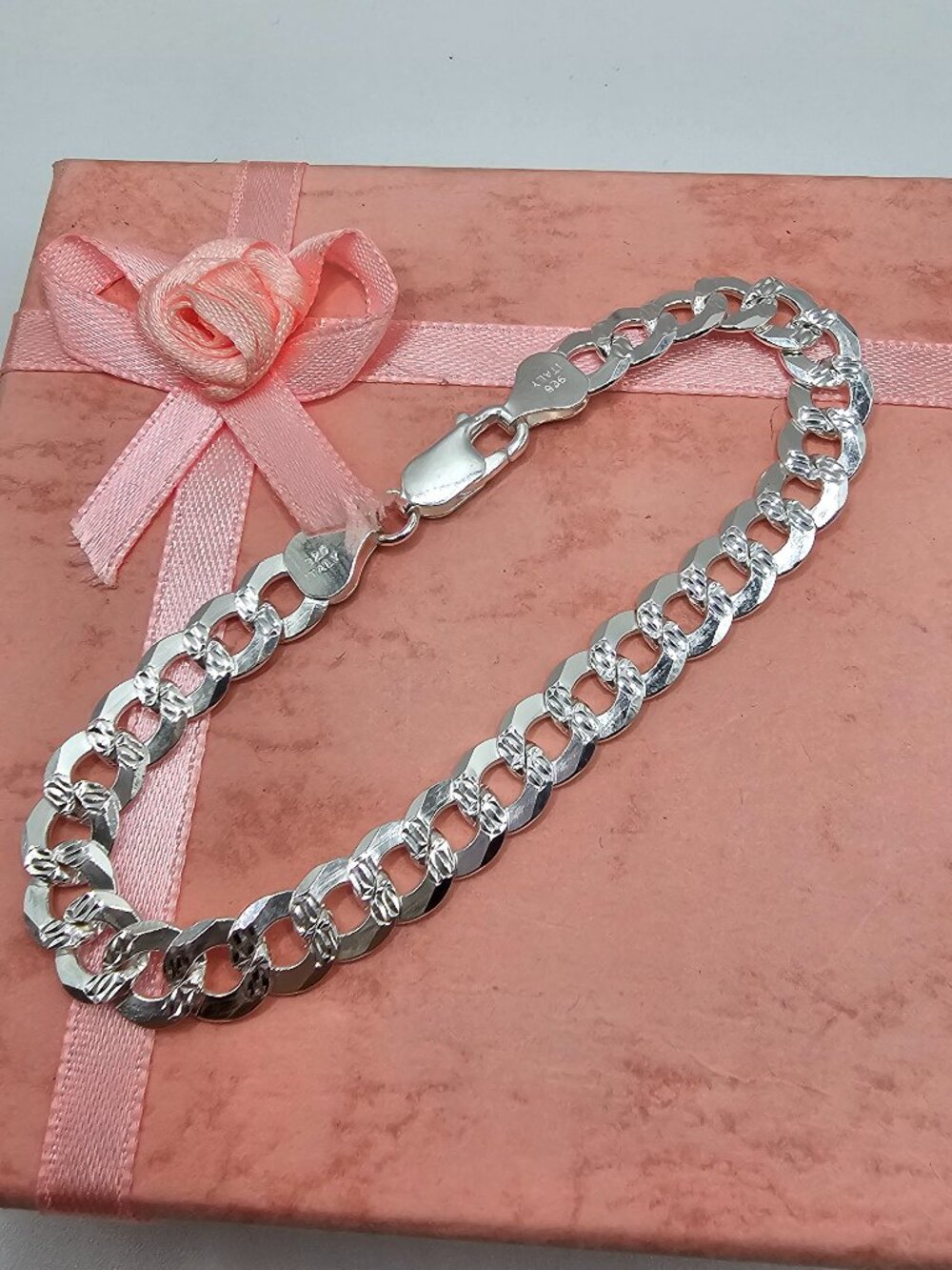 Sterling Silver 925 High Polished Diamond Cut Curb Bracelet 7.2mm 7 inches